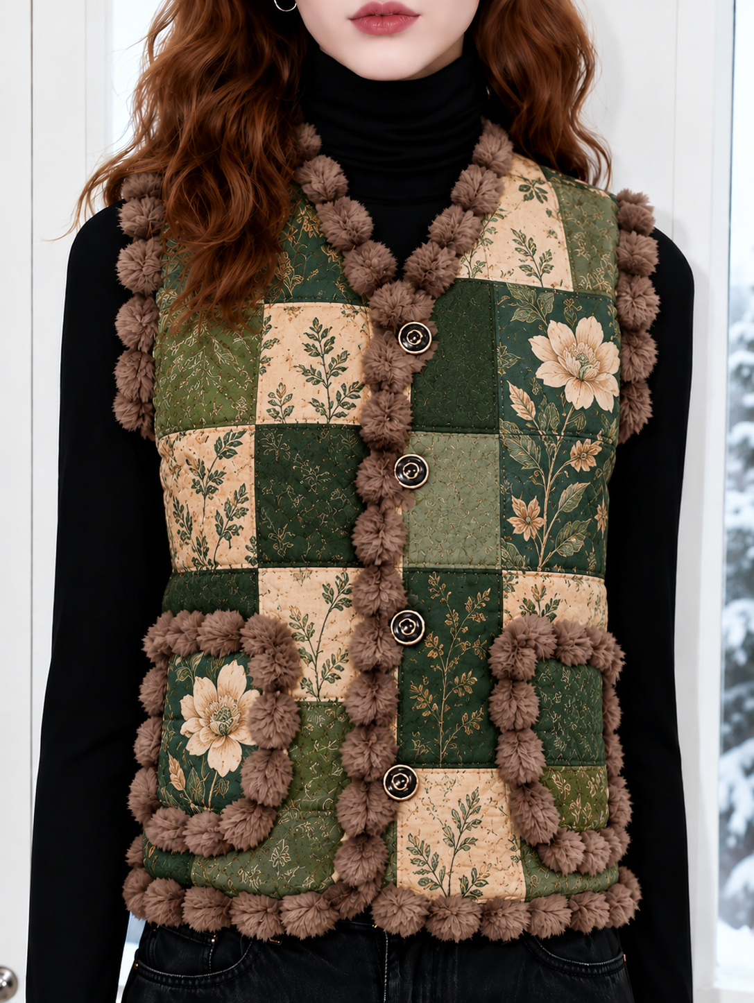 Women's Fall Winter Vintage Art Patchwork Fleece-Trimmed Vest