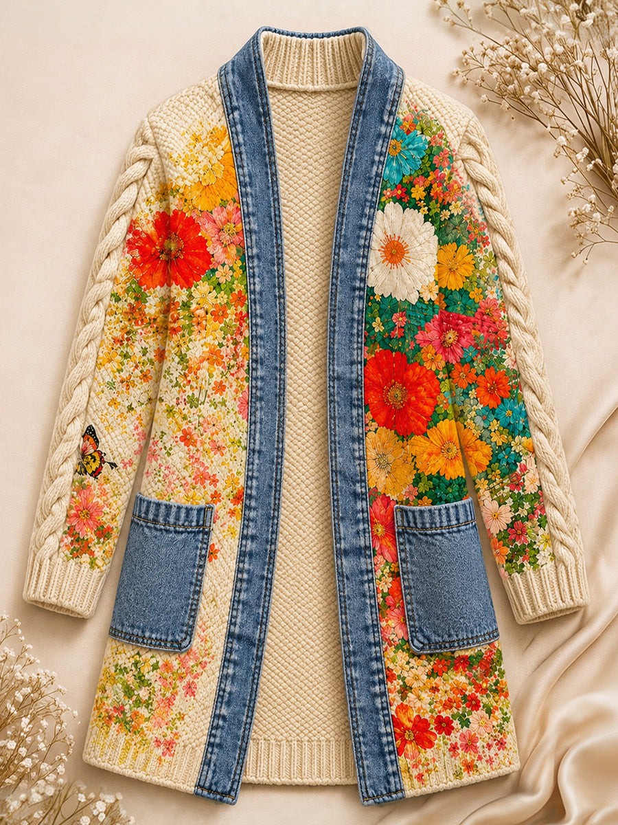 Retro Style Art Print Casual Pocket Mid-Length Knitted Cardigan Coat