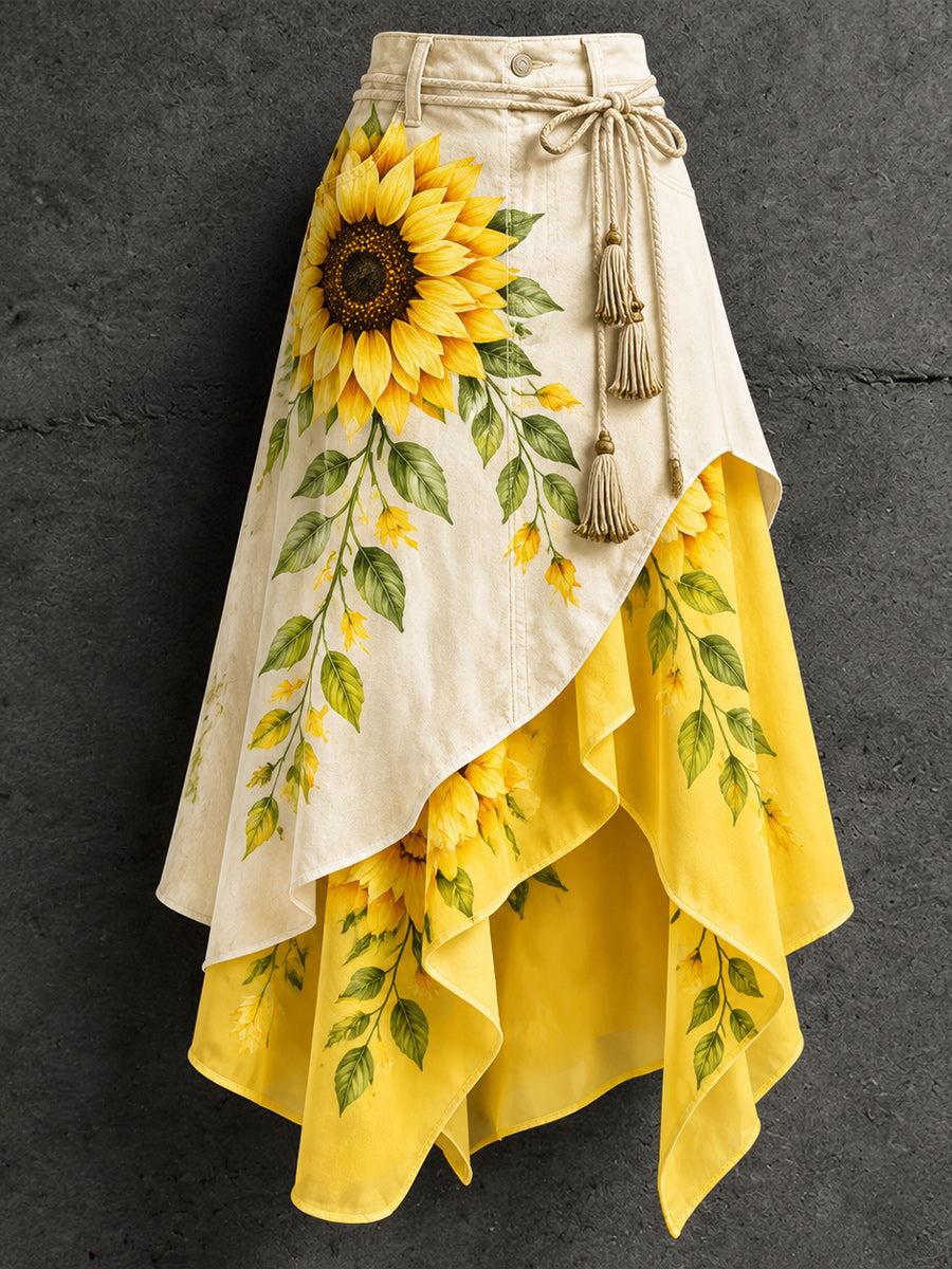 Women's Retro Style Art Print Irregularly Layered Stitched Skirt