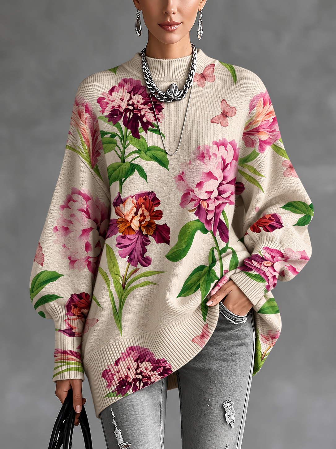 Women’s Fall Winter Vintage Art Lantern Sleeve Knit Sweater