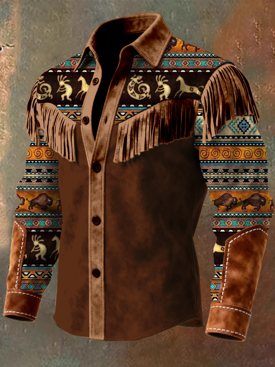 Men's Retro Western Style Art Print Vintage Tassel Casual Long Sleeve Shirt
