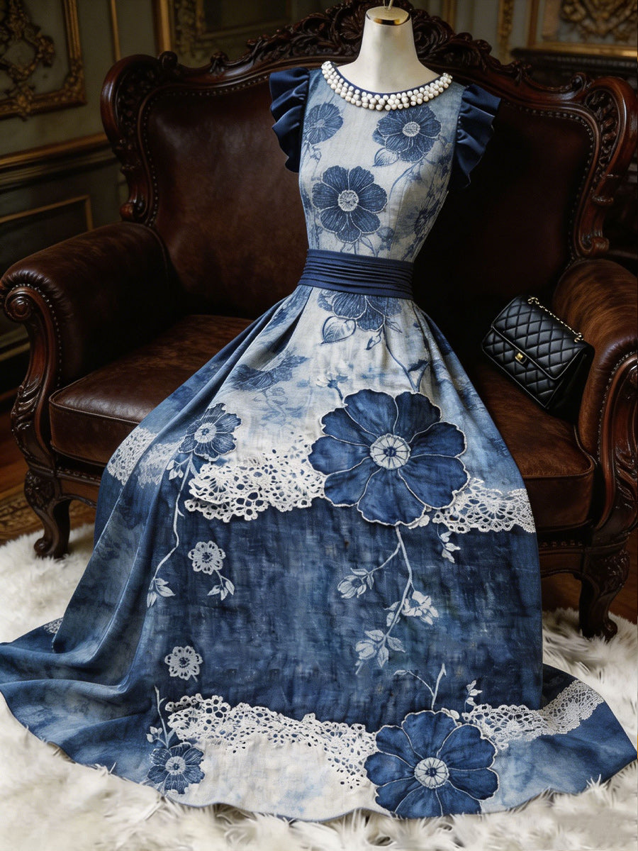 Retro Floral Art Printed Elegant V-Neck Vintage Ruffled Hemmed Sleeves Maxi Dress