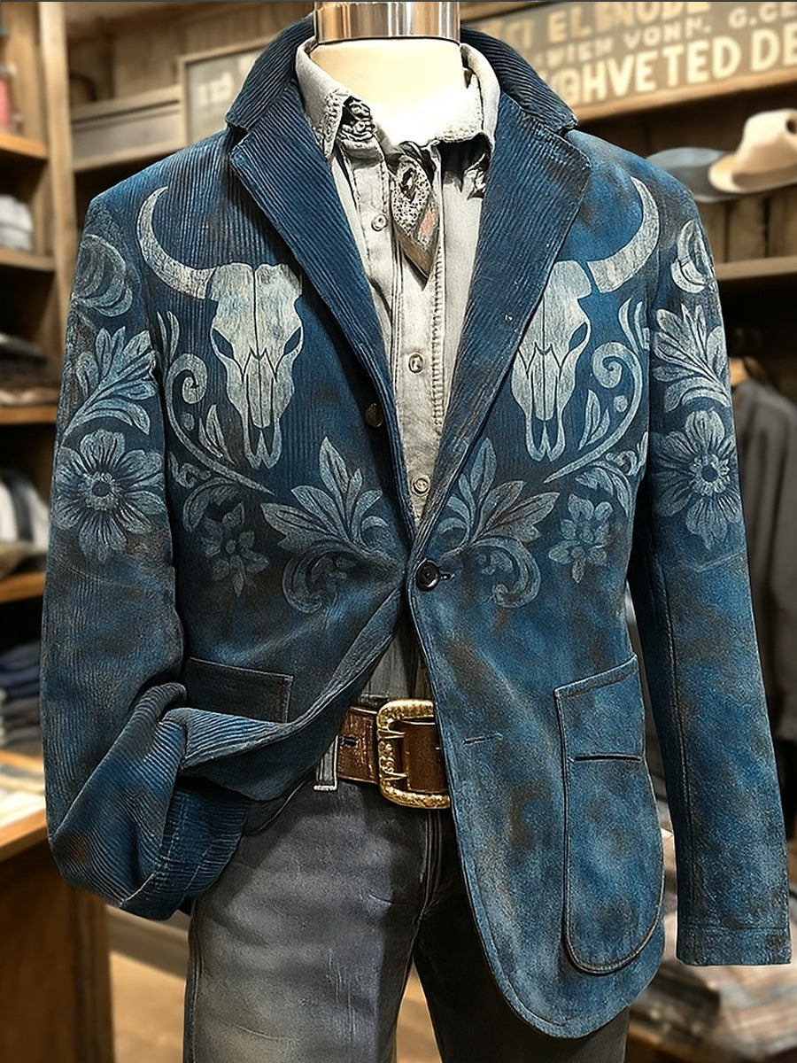 Men's Retro Western Style Bull Skull Print Casual Corduroy Pocket Blazers