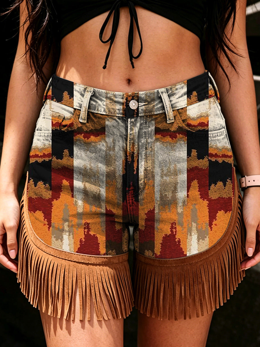 Women's Retro Style Art Print Casual Leather Fringe Patchwork Pocket Shorts