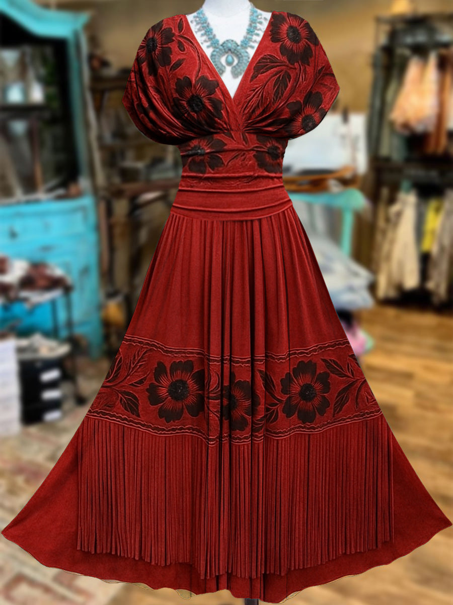 Retro Suede Fringes Floral Carved Art Printed Elegant V-Neck Vintage Batwing Short Sleeve Maxi Dress