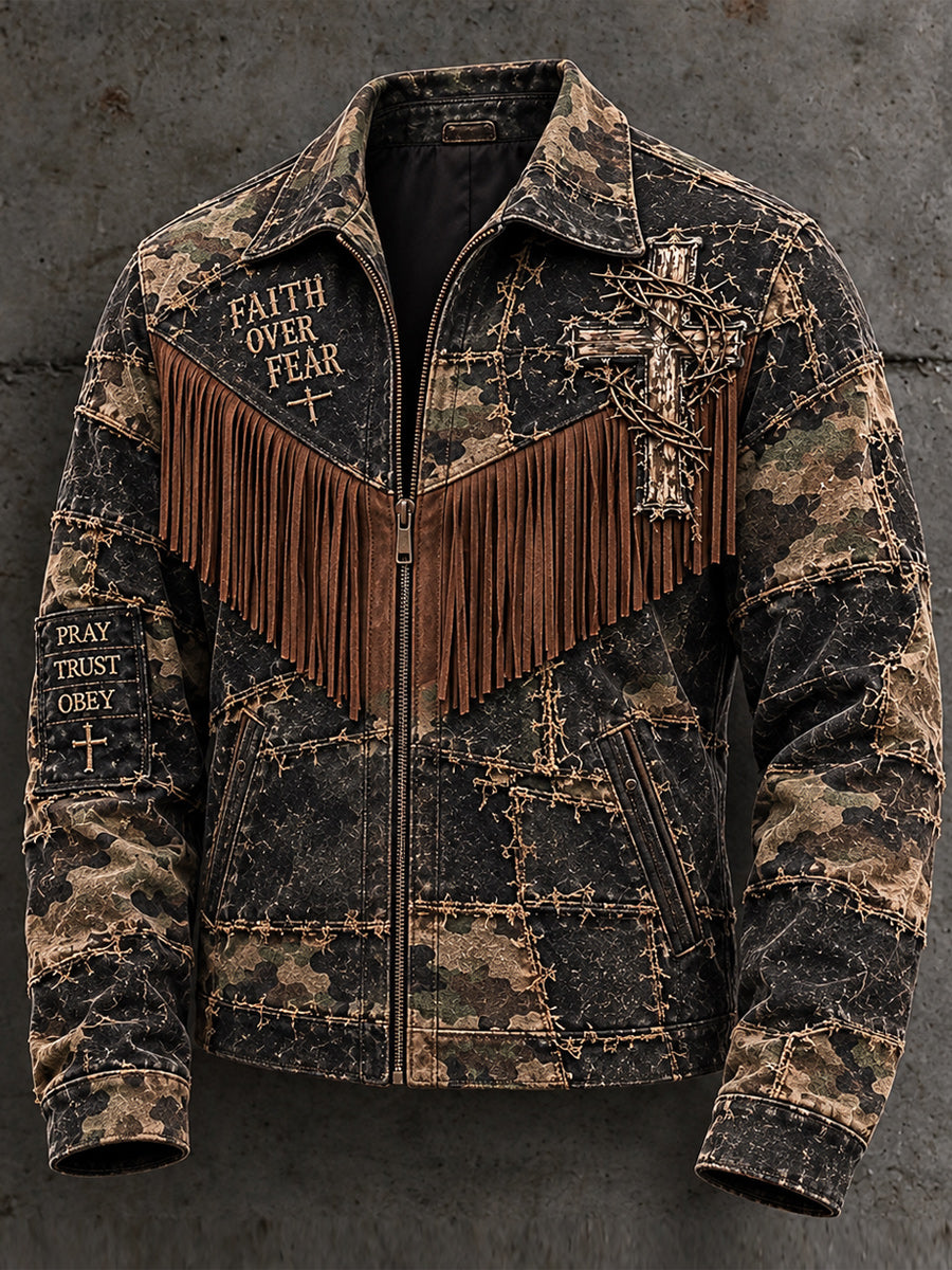 Men's Retro Style Art Print Western Vintage Tassel Casual Zipper Jacket