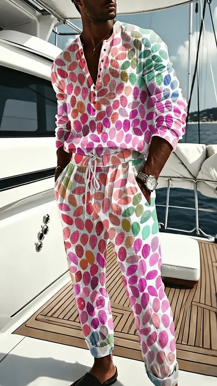 Men's Abstract Art Prints Casual V-neck Long-sleeve Shirt Pants Two-piece Set