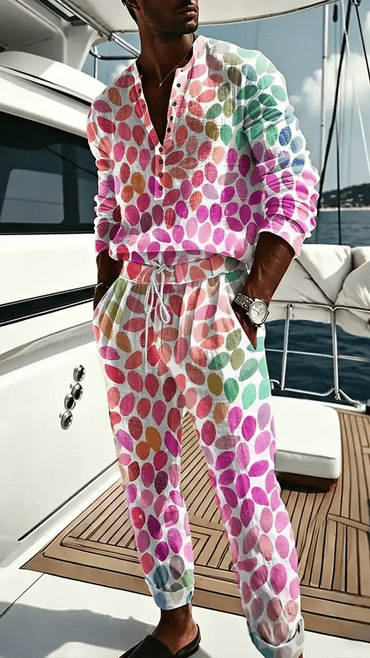 Men's Abstract Art Prints Casual V-neck Long-sleeve Shirt Pants Two-piece Set