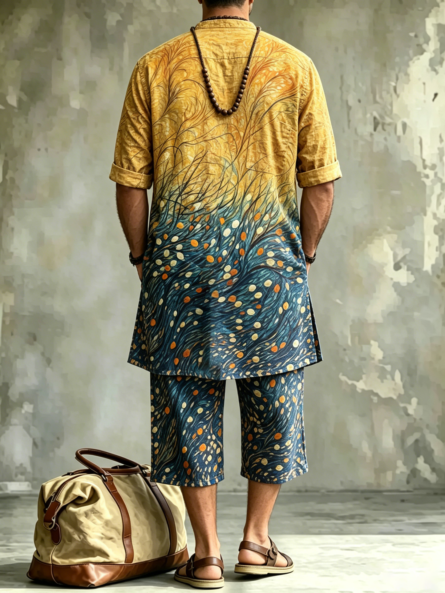 Men's Abstract Gradient Foliage Art Print Casual Henley Collar Short-sleeve Linen Top Shorts Two-piece
