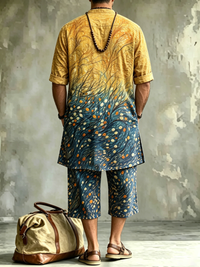 Men's Abstract Gradient Foliage Art Print Casual Henley Collar Short-sleeve Linen Top Shorts Two-piece