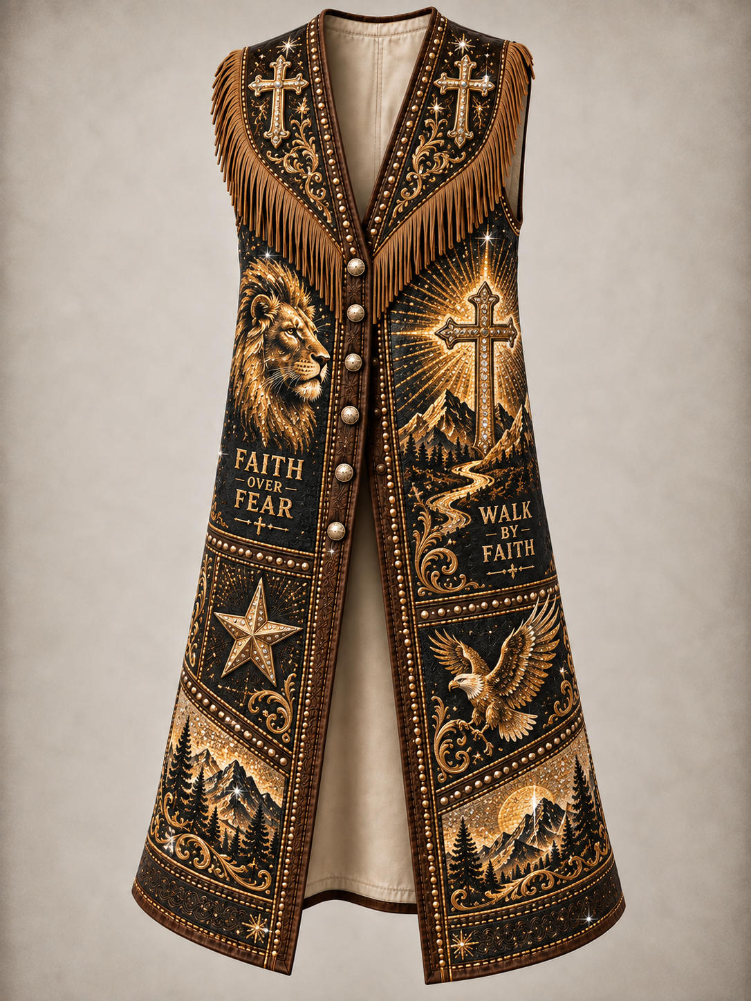 Western Style Faith Art Vintage Sleeveless Fringe Cowboy Jacket