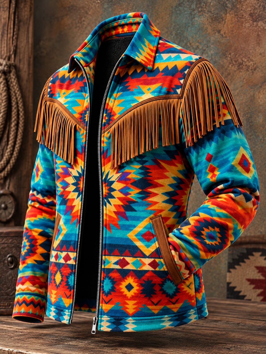 Men's Western Style Art Print Vintage Long Sleeve Fringe Jacket