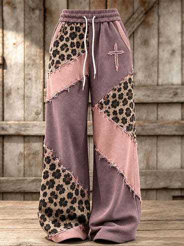 Women'S Retro Leopard Print Cross Print Pants With Patchwork Design