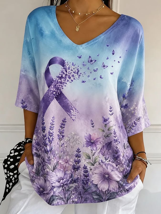 Women's Casual V-neck Art Print Loose Top