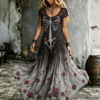 Women's  Retro Gothic Skull Floral Pattern Short Sleeves Maxi Halloween Dress