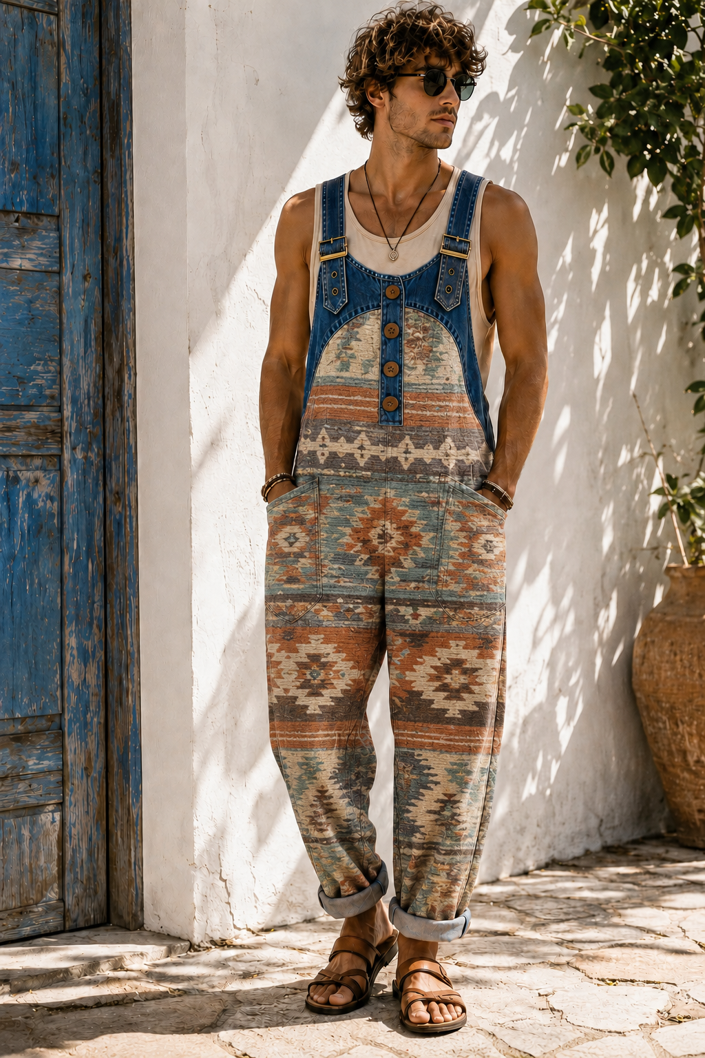Men's Retro Art Print Casual Sleeveless Denim Patchwork Jumpsuit