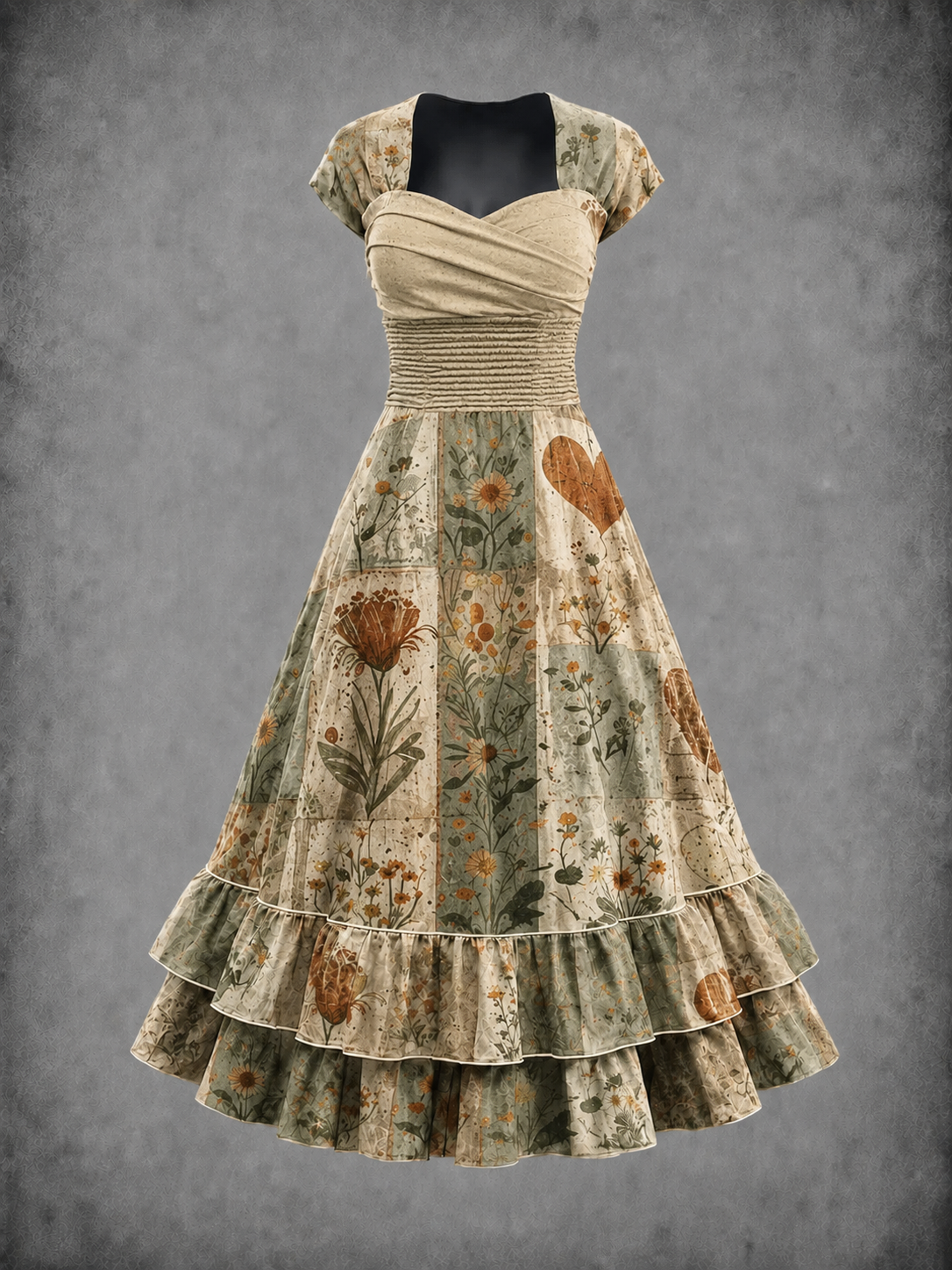 Floral Art Print Vintage Short Sleeve Midi Dress