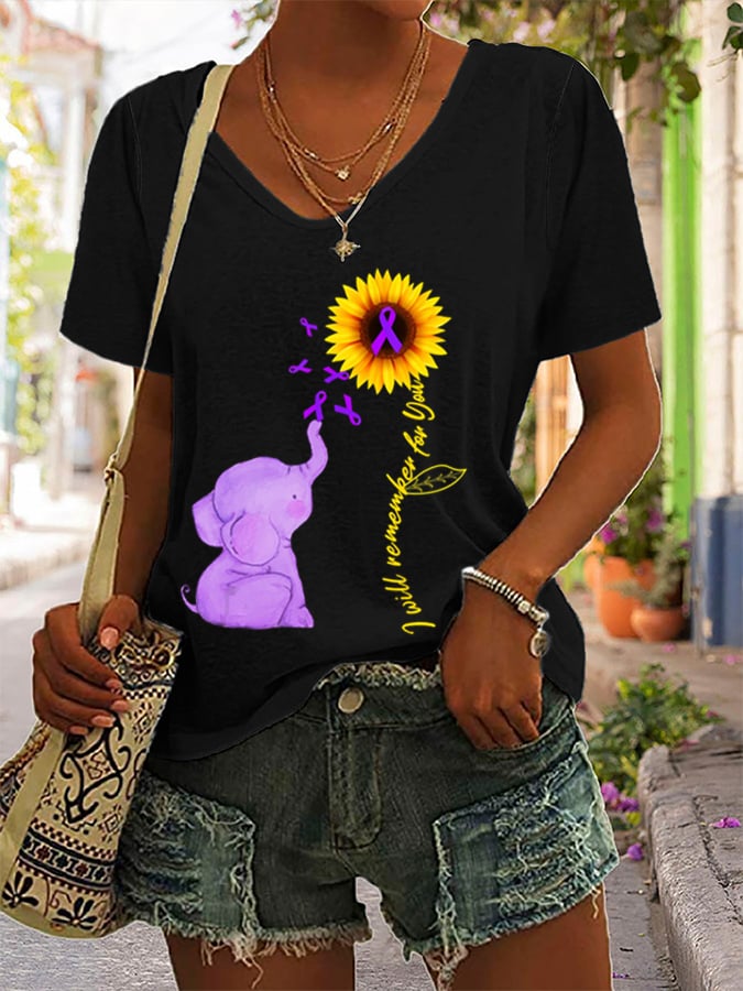 Women's Alzheimer's Sunflower and Elephant Print Short Sleeve T-Shirt