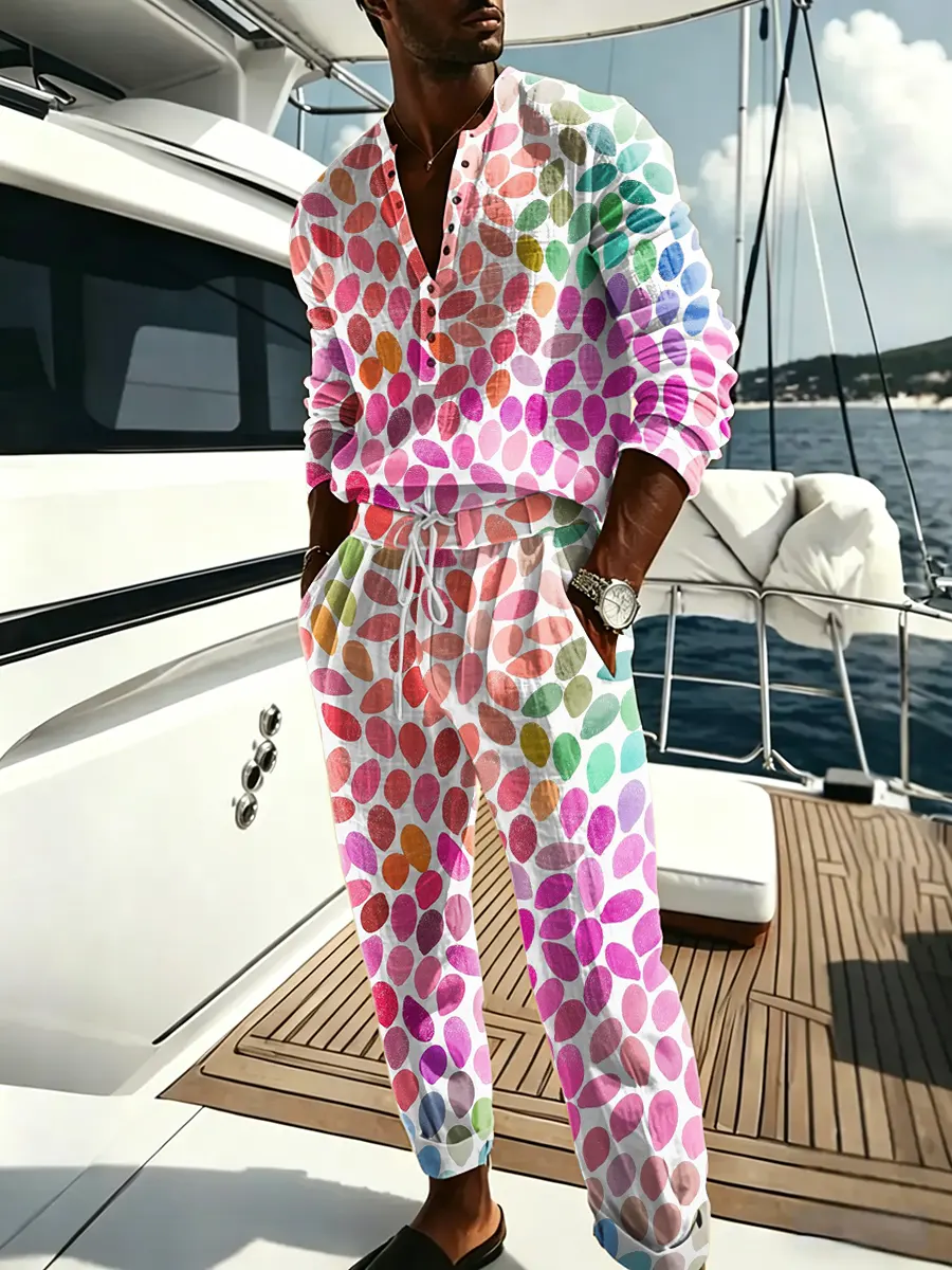 Men's Abstract Art Prints Casual V-neck Long-sleeve Shirt Pants Two-piece Set