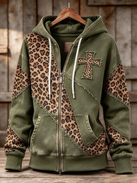 Women's Retro Faith Cross Leopard Print Patchwork Casual Hoodie