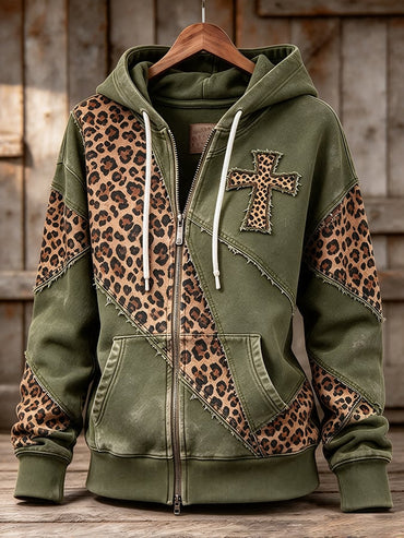 Women's Retro Faith Cross Leopard Print Patchwork Casual Hoodie