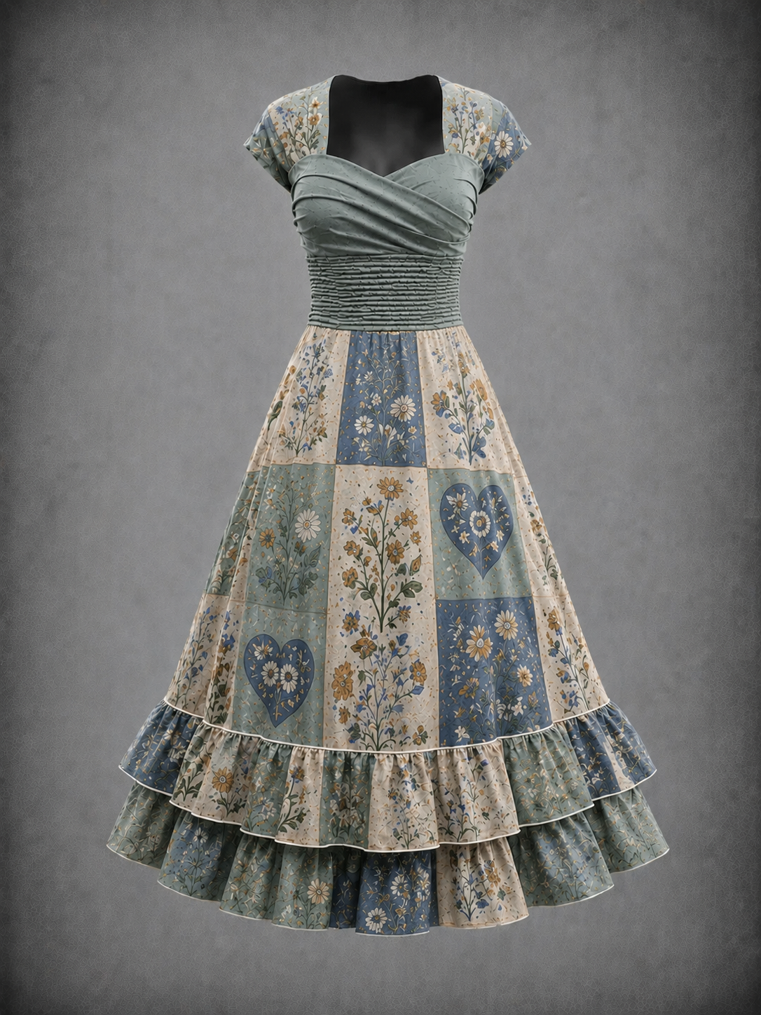 Floral Art Print Vintage Short Sleeve Midi Dress