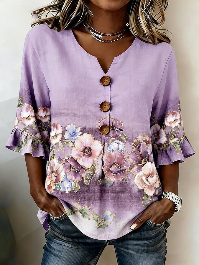Women's Casual Artistic Purple Cotton-Linen Shirt