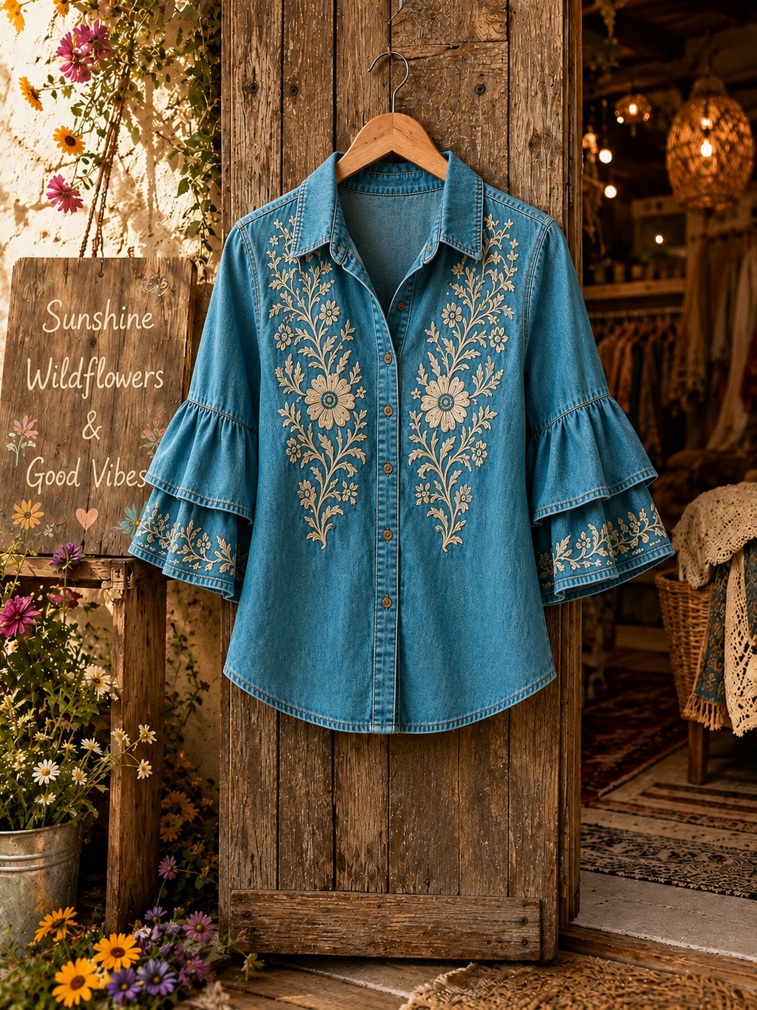 Women's Western Floral Print Ruffle Sleeve Blouse