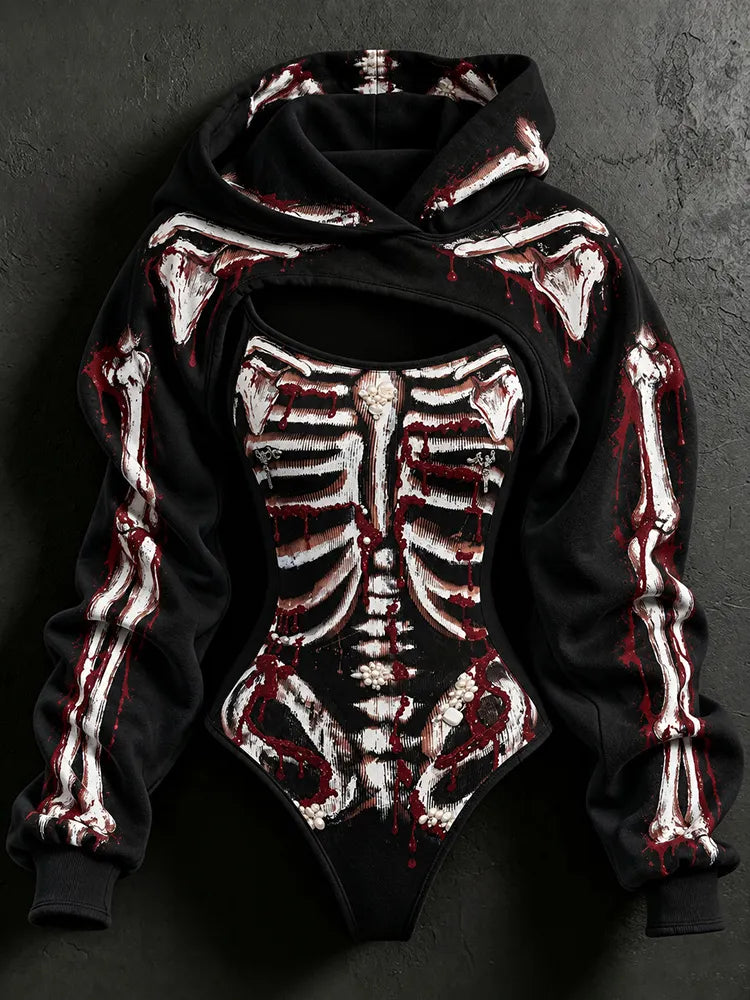 Women's Halloween Blood Stain And Skeleton Print Hoodie Two-piece Set