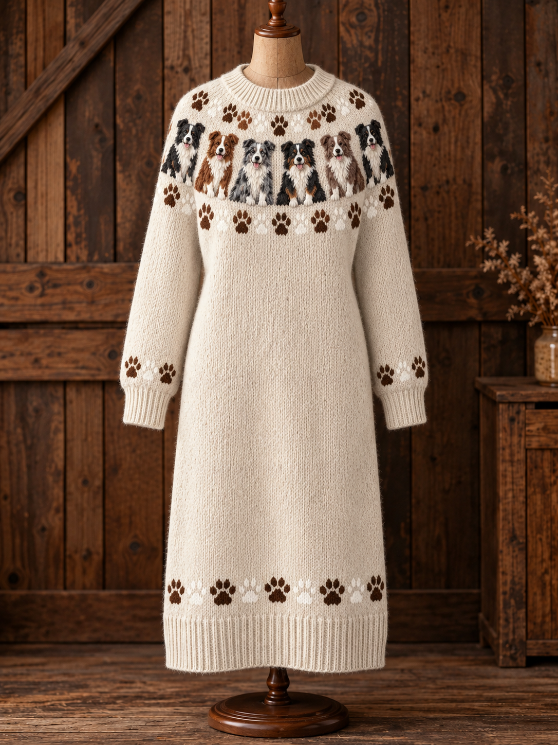 Cute Pets Vintage Round Neck Long-Sleeve Sweater Dress