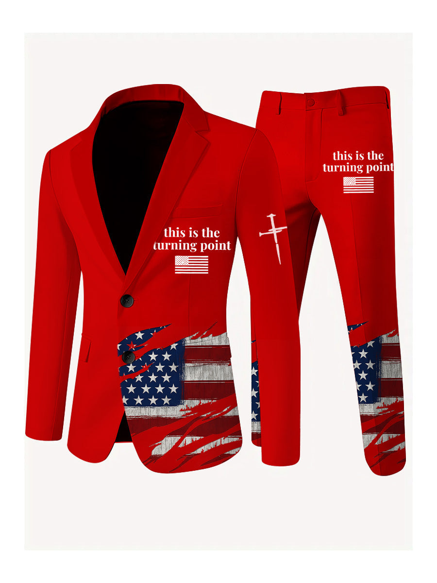 Men's Freedom American Flag Print Casual Jacket Trousers Two-Piece Suits