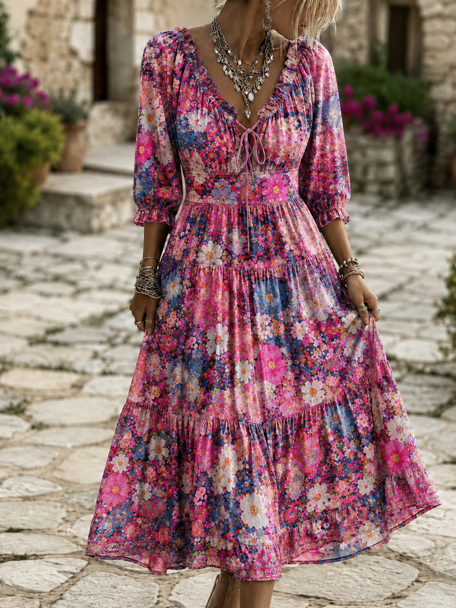 Retro Floral Art Print V-Neck Midi Dress