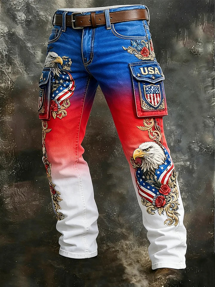 Men's Retro American Eagle Art Print Casual Workwear Trousers