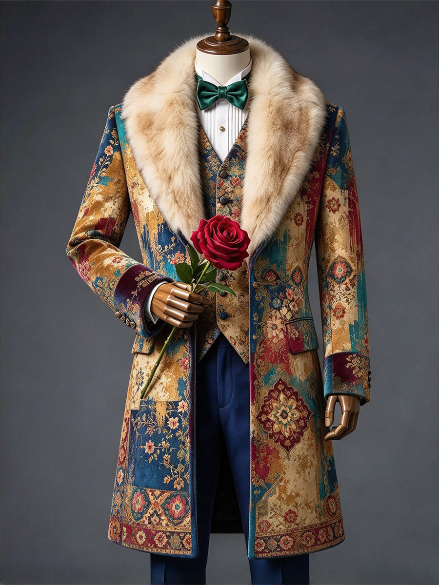 Men's Christmas Art Print Fur Shawl Collar Double Breasted Long Overcoat
