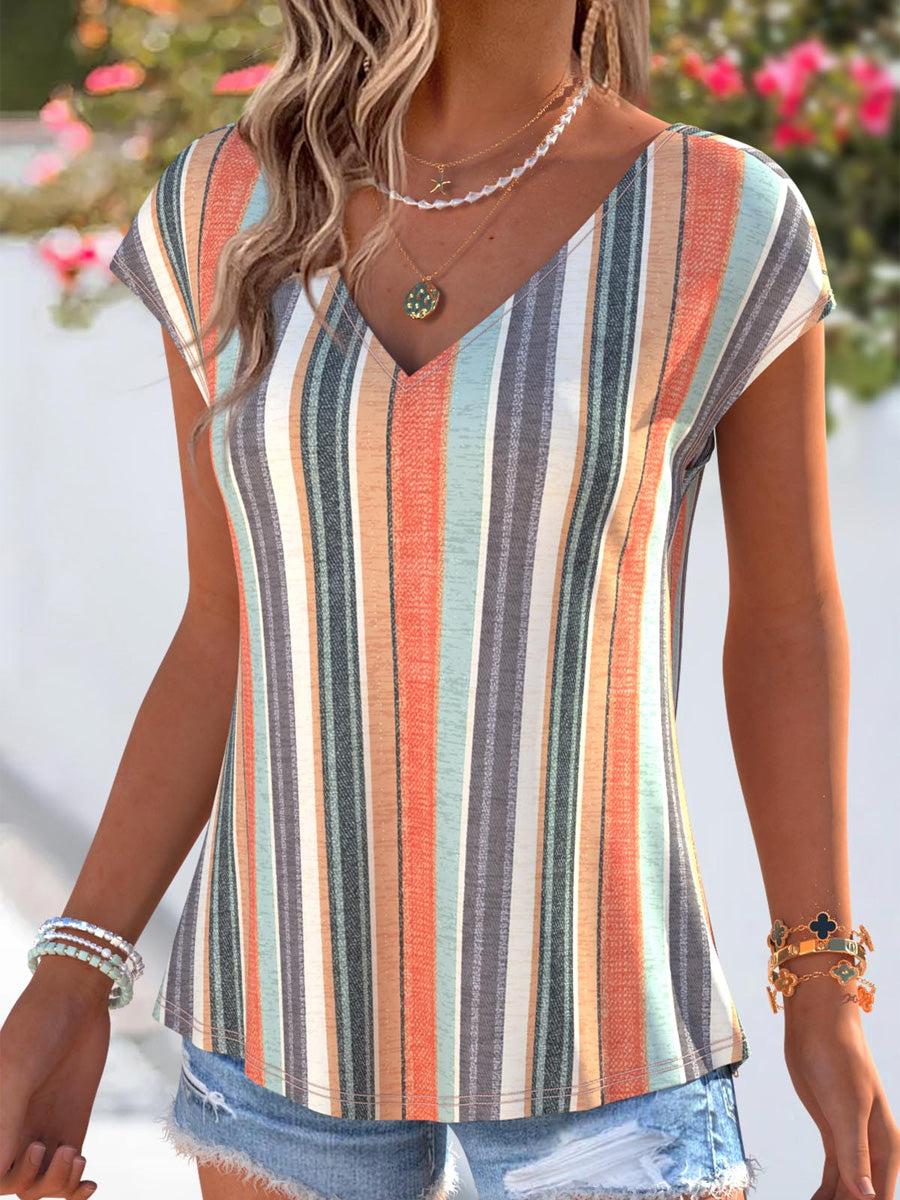 Women's Retro Style Art Printed Vintage V-Neck Short Sleeves Top