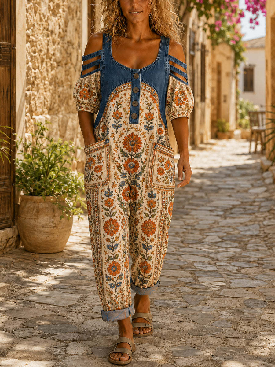 Women's Casual Short Sleeve Denim Patchwork Jumpsuit