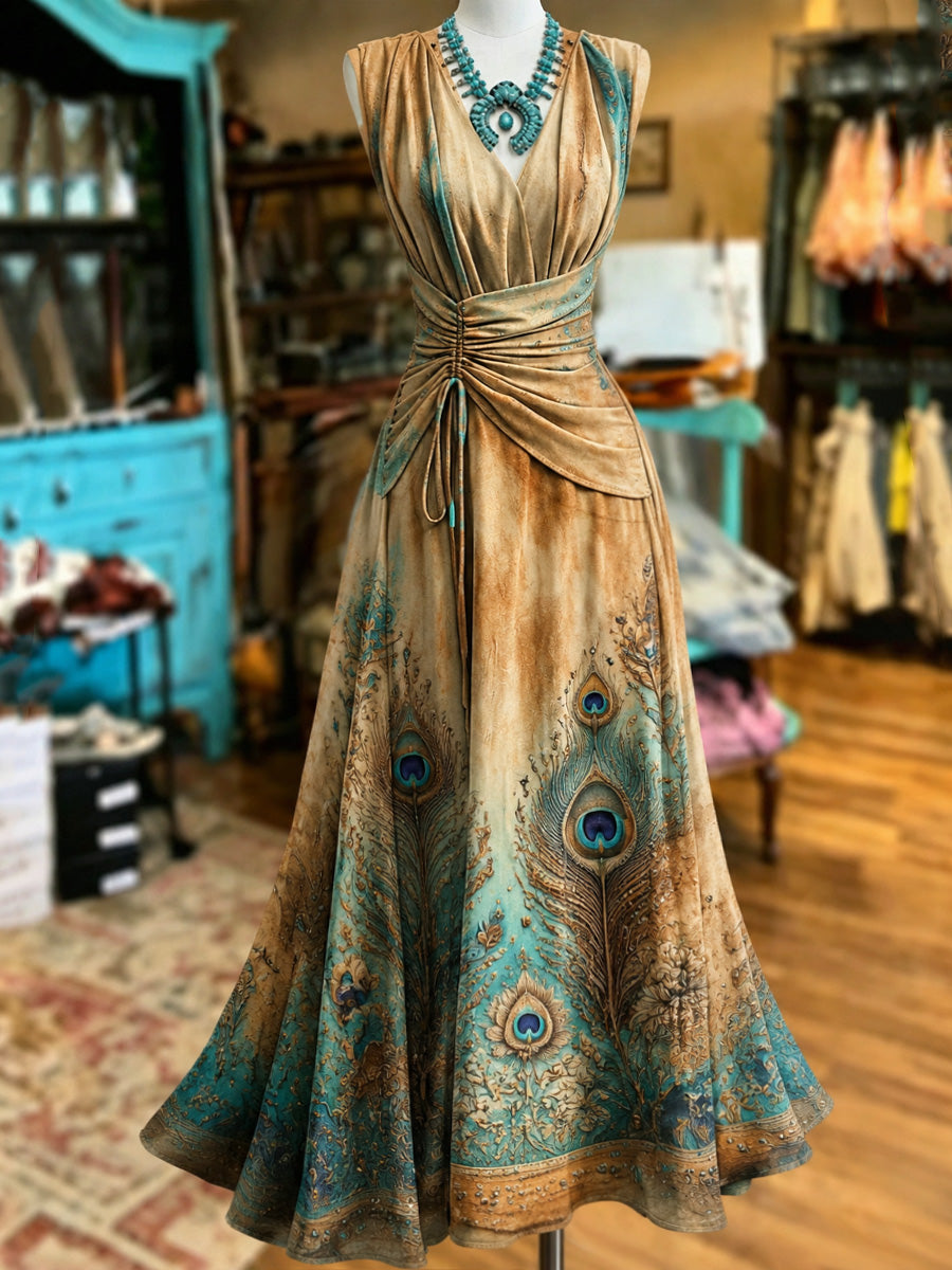 Retro Style Art Printed Elegant V-Neck Vintage Short-Sleeved Maxi Dress