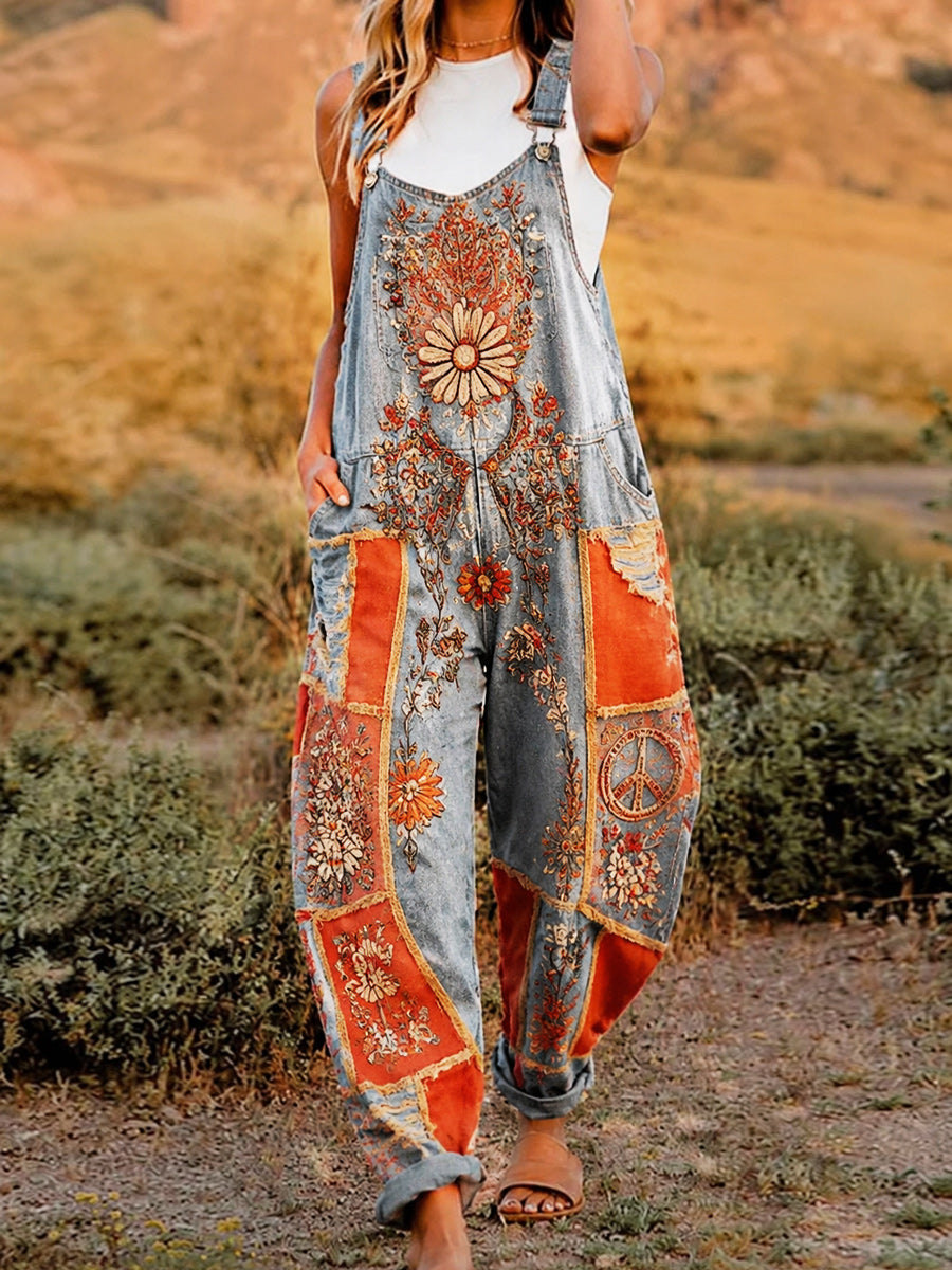 Women's Retro Style Art Print Washed Cotton Denim Patchwork Jumpsuit