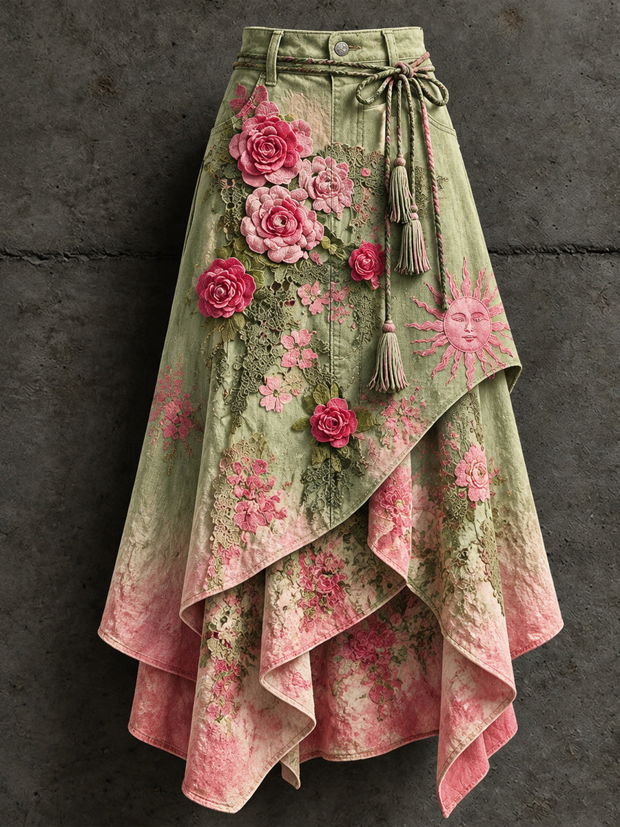 Women's Retro Style Art Print Irregularly Layered Stitched Skirt