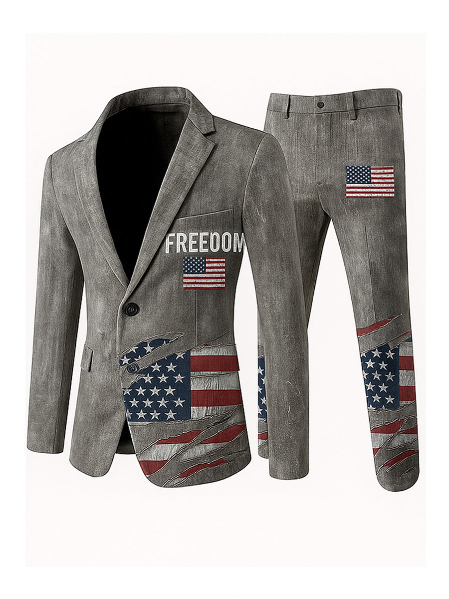 Men's Freedom American Flag Print Casual Jacket Trousers Two-Piece Suits