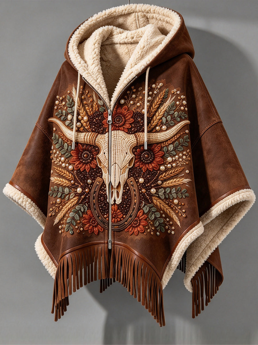 Women's Fall Winter Vintage Art Fleece-Lined Hooded Fringe Poncho