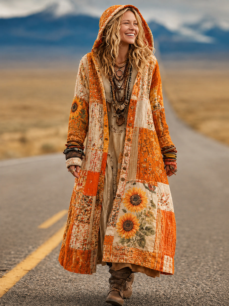 Retro Bohemian Style Art Printed Cotton Buttoned Hooded Casual Loose Long-Sleeved Shirt