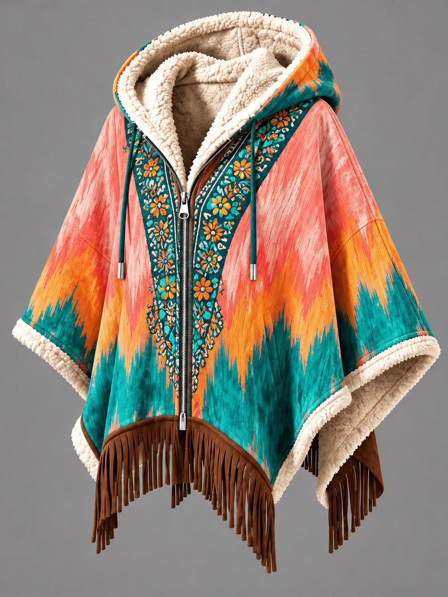 Women's Fall Winter Vintage Art Fleece-Lined Hooded Fringe Poncho