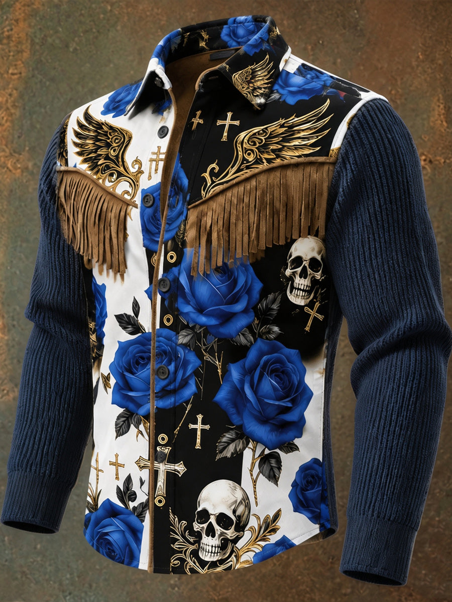 Men's Retro Style Art Print Western Vintage Tassel Casual Long Sleeve Shirt