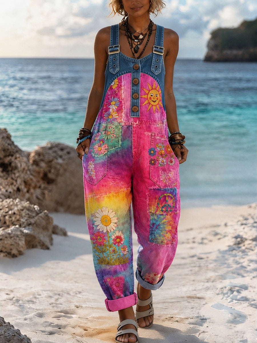 Women's Retro Style Art Print Washed Cotton Denim Patchwork Jumpsuit