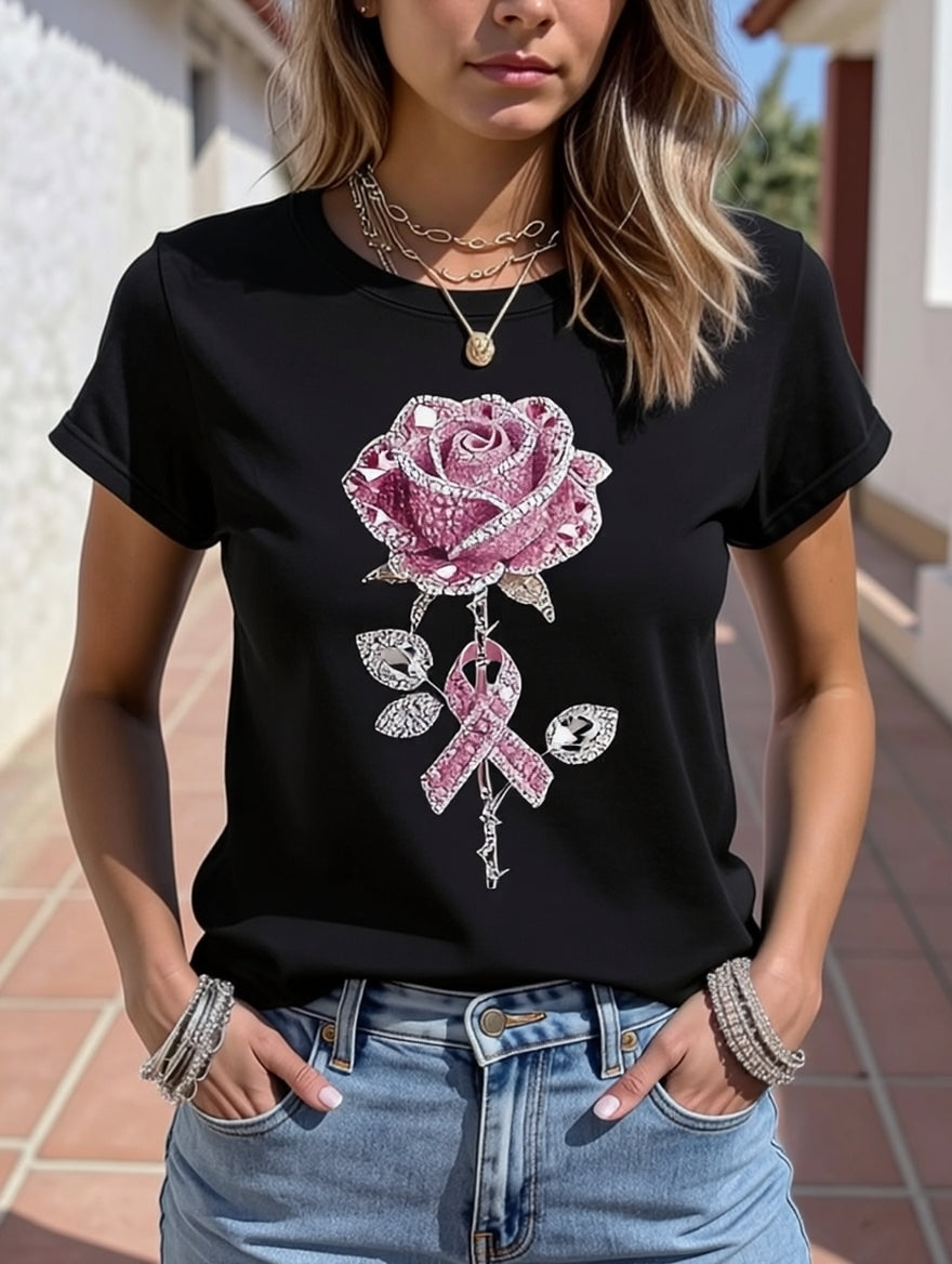 Women's Pink Rhinestone Rose And Awareness Ribbon Print T-Shirt