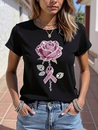 Women's Pink Rhinestone Rose And Awareness Ribbon Print T-Shirt