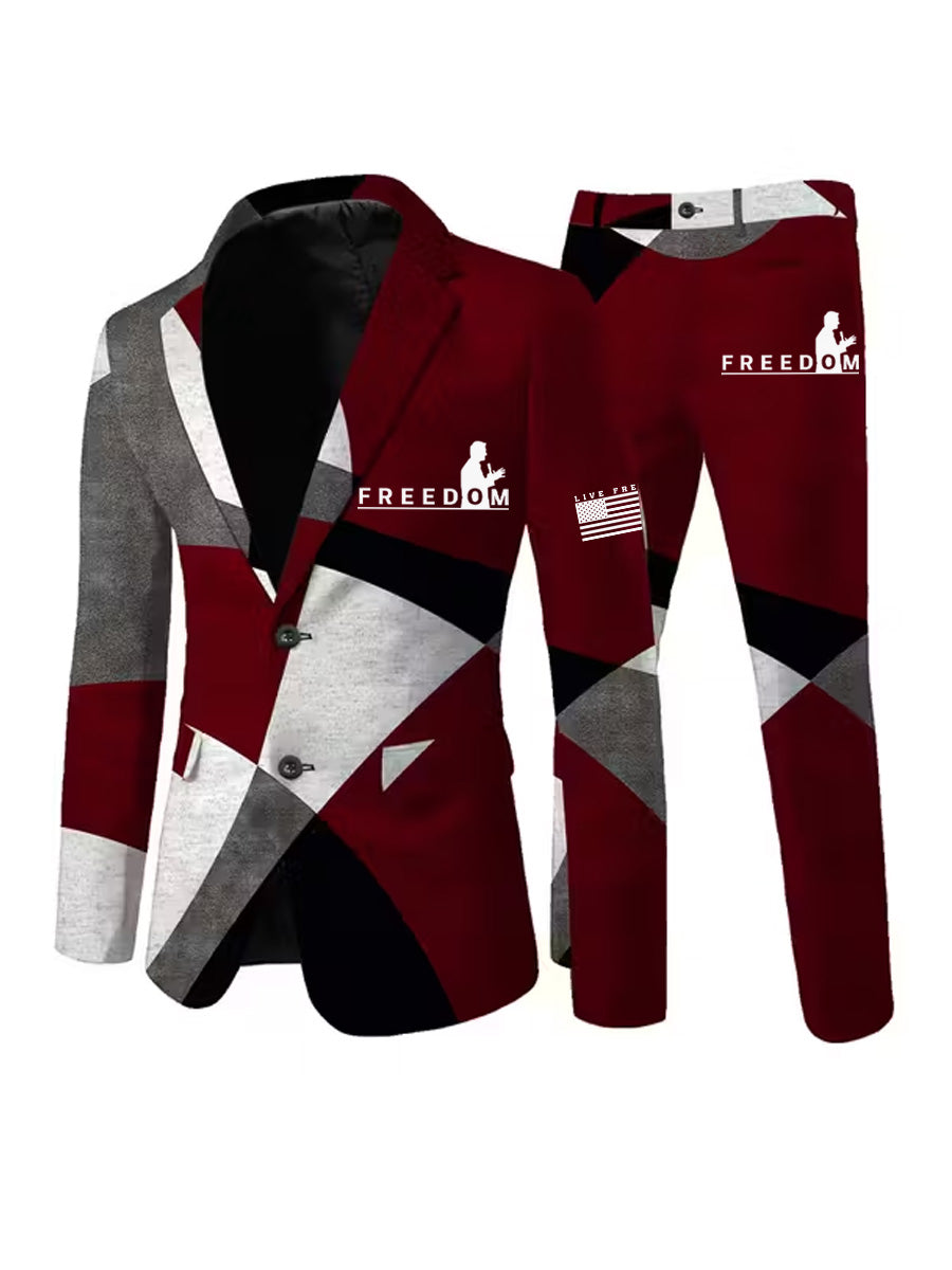 Men's Freedom American Flag Print Casual Jacket Trousers Two-Piece Suits