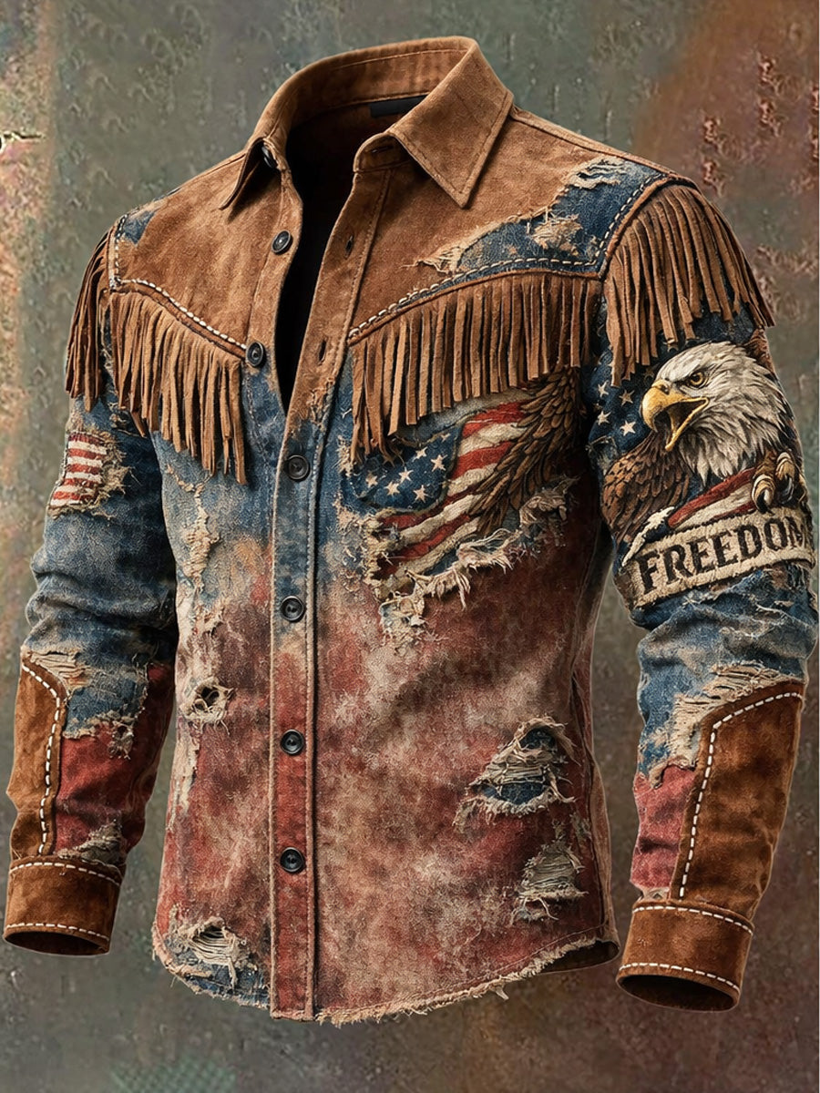 Men's Retro 250th Anniversary National Flag Print Vintage Tassel Casual Long Sleeve Shirt
