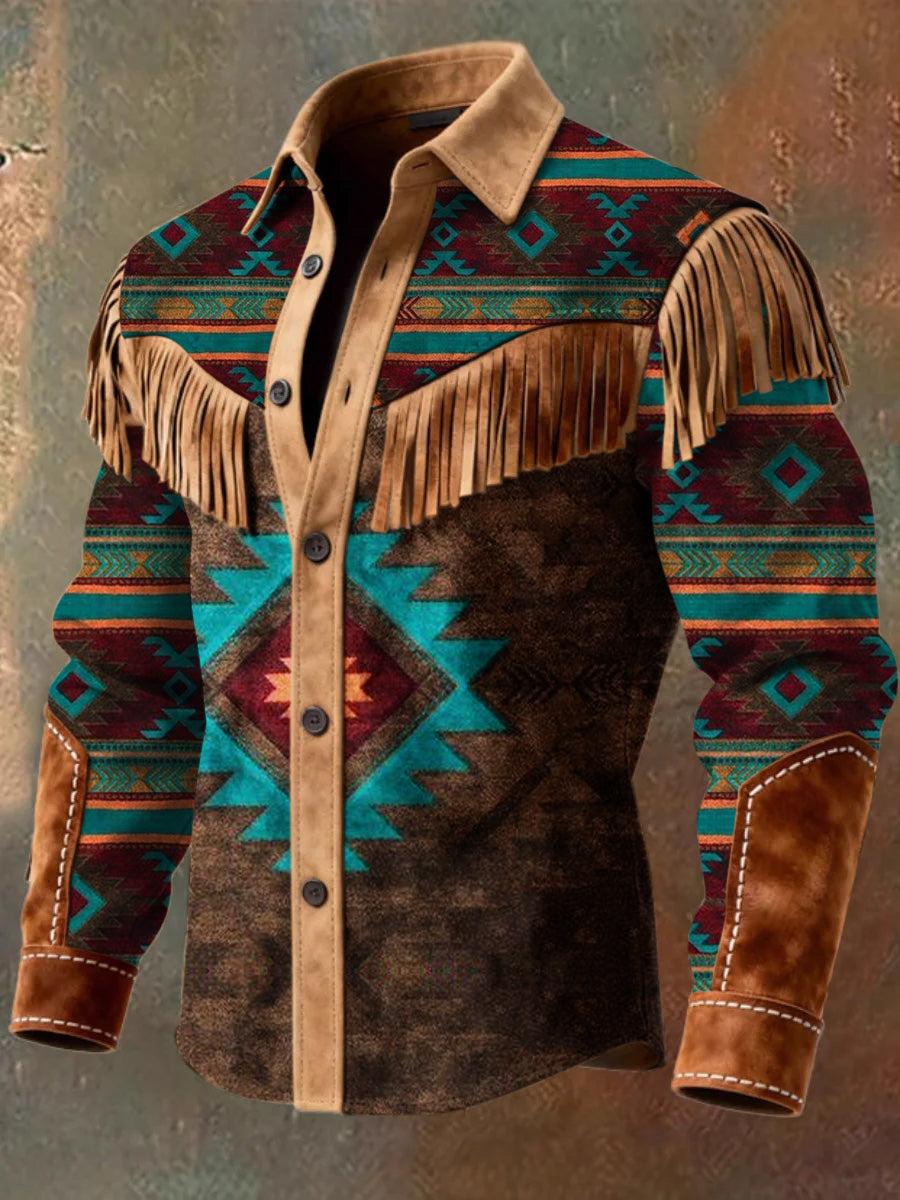 Men's Retro Western Style Art Print Vintage Tassel Casual Long Sleeve Shirt